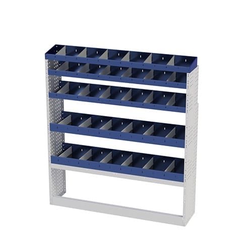 Scaffalatura interna destra base con copri passaruota aperto, scaffalature con divisori e terminale con divisori per furgoni Ford Transit L3H2