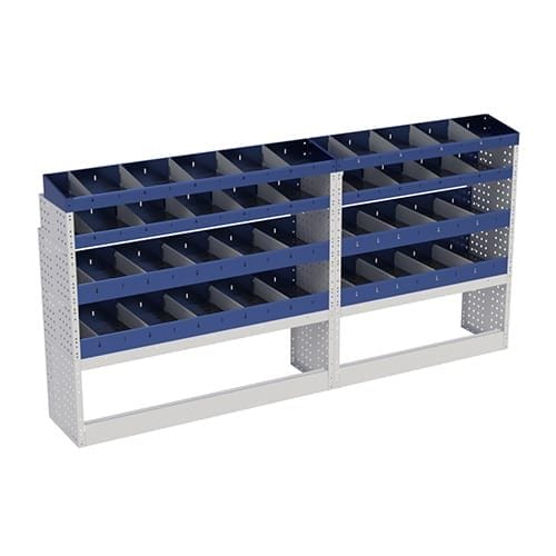 Scaffalatura interna base, sinistra colore blu con 2 copri passaruota aperti e scaffalature blu con divisori e scaffalatura terminale con divisori per veicoli MERCEDES VITO 2014 EXTRALONG