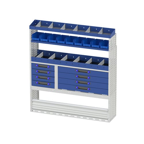 Scaffalatura interna destra comfort con copri passaruota con antina di chiusura, cassettiere con cassetti blu, scaffalature con divisori, scaffalatura con contenitori asportabili gialli e scaffalatura terminale con divisori per furgoni FIAT DUCATO 2006 L3H2.