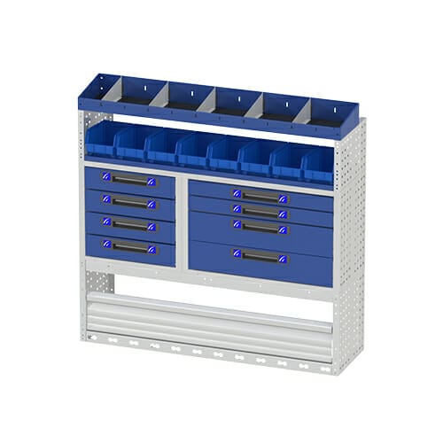 Scaffalatura interna destra comfort con copri passaruota con antina di chiusura, cassettiere con cassetti blu, scaffalature con divisori, scaffalatura con contenitori asportabili gialli e scaffalatura terminale con divisori per furgoni RENAULT TRAFIC L2H1.