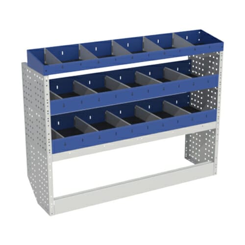 Scaffalatura interna base, sinistra colore blu con 2 copri passaruota aperti e scaffalature blu con divisori e scaffalatura terminale con divisori per veicoli DACIA DOKKER 2014 VAN 