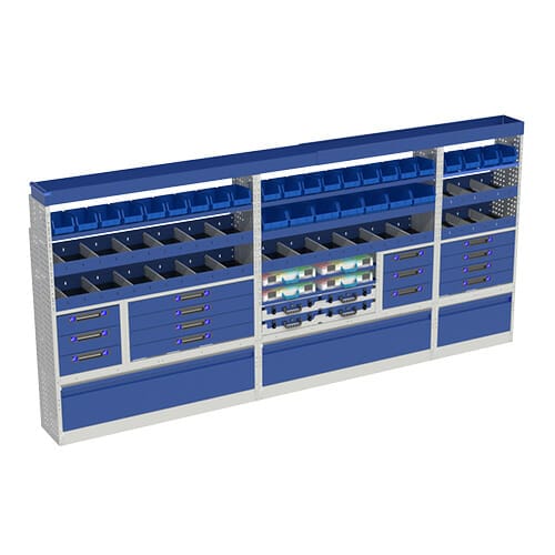 Allestimento luxury, sinistra con copri passaruota ad anta-basculante blu, cassettiere con cassetti blu, scaffalature con valigie in plastica trasparenti, scaffalature con contenitori asportabili gialli per veicoli MERCEDES SPRINTER 2018 L3H2 LONG 