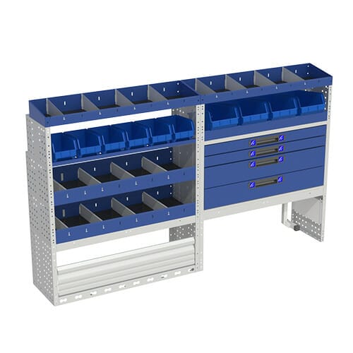 Allestimento interno confort, sinistro per con copri passaruota con antina di chiusura, copri passaruota con kit ferma valigia, con scaffalatura con cassetti colore blu, scaffalature con contenitori asportabili di colore giallo e blu, con scaffalatura con divisori e scaffalatura terminale per furgoni Renault Trafic l1h1.