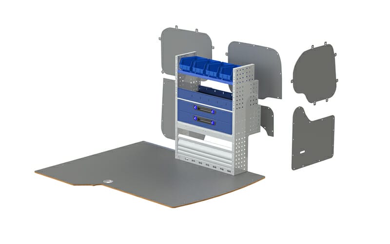 Allestimento veicoli commerciali VOLKSWAGEN CADDY con pianale e rivestimento,scaffalatura per veicoli commerciale costituita da copriruota con anta in alluminio, cassetti, scaffale aperto con divisori, vaschette estraibili.