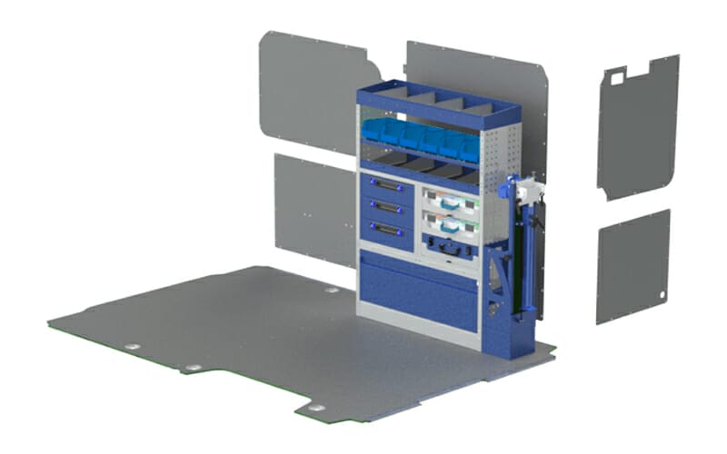 Scaffalatura veicoli commerciali FIAT Ducato 2010  con pianale e rivestimento,scaffalatura per veicoli commerciale costituita da copriruota con anta in alluminio, cassetti, scaffale aperto con divisori, vaschette estraibili, e terminale con divisori