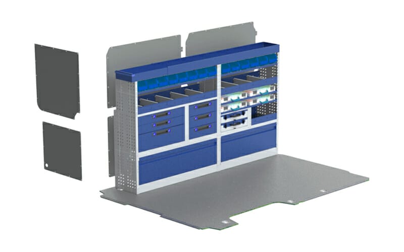 Allestimento veicoli commerciali, lato sinistro FIAT Ducato   composto da pianale per furgone in multistratto fenolico e rivestimento interno per furgoni, con moduli: copriruote con ante basculanti, cassettiere con cassetti blu, valigie con divisori asportabili, valigie in metallo estraibili, Vaschette a bocca di lupo, scaffali aperti con divisori ed scaffalatura terminale