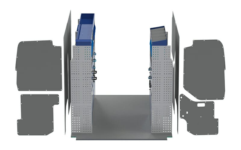 Allestimento veicoli commerciali NISSAN NV400 vista centrale Allestimento composto da pianale, rivestimento e scaffaluture per interni lato: destro e sinistro