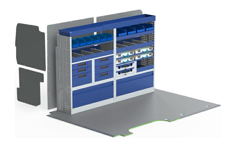 Allestimento veicoli commerciali, lato sinistro NISSAN NV400  composto da pianale per furgone in multistratto fenolico e rivestimento interno per furgoni, con moduli: copriruote con ante basculanti, cassettiere con cassetti blu, valigie con divisori asportabili, valigie in metallo estraibili, Vaschette a bocca di lupo, scaffali aperti con divisori ed scaffalatura terminale