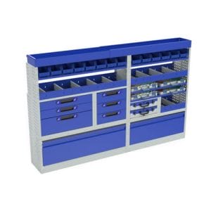 Allestimento luxury, sinitra con copri passaruota ad anta-basculante blu, cassettiere con cassetti blu, scaffalature con valigie in plastica trasparenti, scaffalature con contenitori asportabili gialli per veicoli Citroen Jumper L1H1.