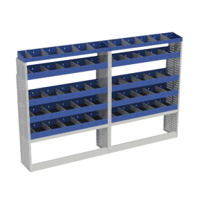 Scaffalatura interna base, sinistra colore blu con 2 copri passaruota aperti e scaffalature blu con divisori e scaffalatura terminale con divisori per veicoli FIAT DUCATO L2H2.