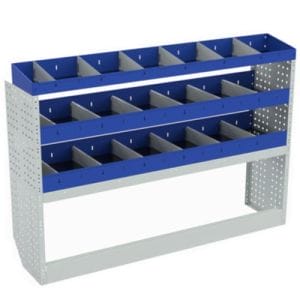 Scaffalatura interna base, sinistra colore blu con 2 copri passaruota aperti e scaffalature blu con divisori e scaffalatura terminale con divisori per veicoli OPEL COMBO CARGO XL.