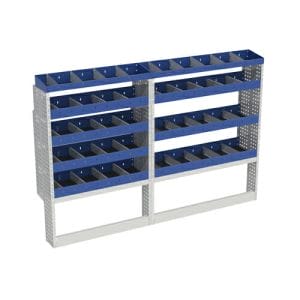 Scaffalatura interna base, sinistra colore blu con 2 copri passaruota aperti e scaffalature blu con divisori e scaffalatura terminale con divisori per veicoli MERCEDES SPRINTER 2018 L1H1 COMPACT.