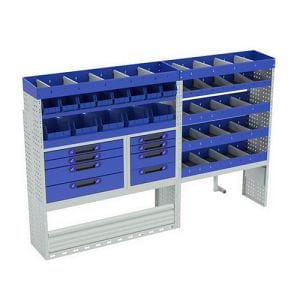 Allestimento interno confort, sinistro per con copri passaruota con antina di chiusura, copri passaruota con kit ferma valigia, con scaffalatura con cassetti colore blu, scaffalature con contenitori asportabili di colore giallo e blu, con scaffalatura con divisori e scaffalatura terminale per furgoni citroen jumper l1h1