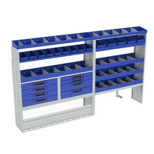 Allestimento interno confort, sinistro per con copri passaruota con antina di chiusura, copri passaruota con kit ferma valigia, con scaffalatura con cassetti colore blu, scaffalature con contenitori asportabili di colore giallo e blu, con scaffalatura con divisori e scaffalatura terminale per furgoni FIAT DUCATO 2006 L3H2.