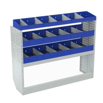 Scaffalatura interna base, sinistra colore blu con 2 copri passaruota aperti e scaffalature blu con divisori e scaffalatura terminale con divisori per veicoli PEUGEOT PARTNER L1.