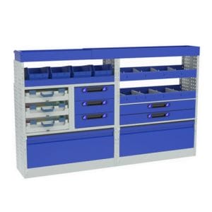  Allestimento luxury, sinitra con copri passaruota ad anta-basculante blu, cassettiere con cassetti blu, scaffalature con valigie in plastica trasparenti, scaffalature con contenitori asportabili gialli per veicoliFORD TRANSIT CUSTOM 2014 L1H1.