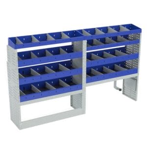 Scaffalatura interna base, sinistra colore blu con 2 copri passaruota aperti e scaffalature blu con divisori e scaffalatura terminale con divisori per veicoli FORD TRANSIT CUSTOM 2014 L1H1.