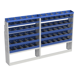Scaffalatura interna base, sinistra colore blu con 2 copri passaruota aperti e scaffalature blu con divisori e scaffalatura terminale con divisori per veicoli Iveco Daily L2H2.