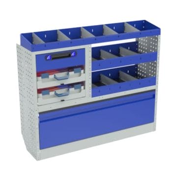 Allestimento luxury,a con copri passaruota ad anta-basculante blu, cassettiere con cassetti blu, scaffalature con valigie in plastica trasparenti, scaffalature con contenitori asportabili gialli per veicoli PEUGEOT PARTNER L1.